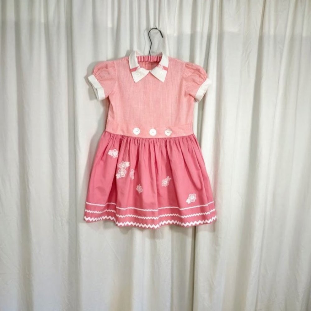 Vintage 1950's Girls Dress, Pink Gingham, Approx. Girls Size 8-10
